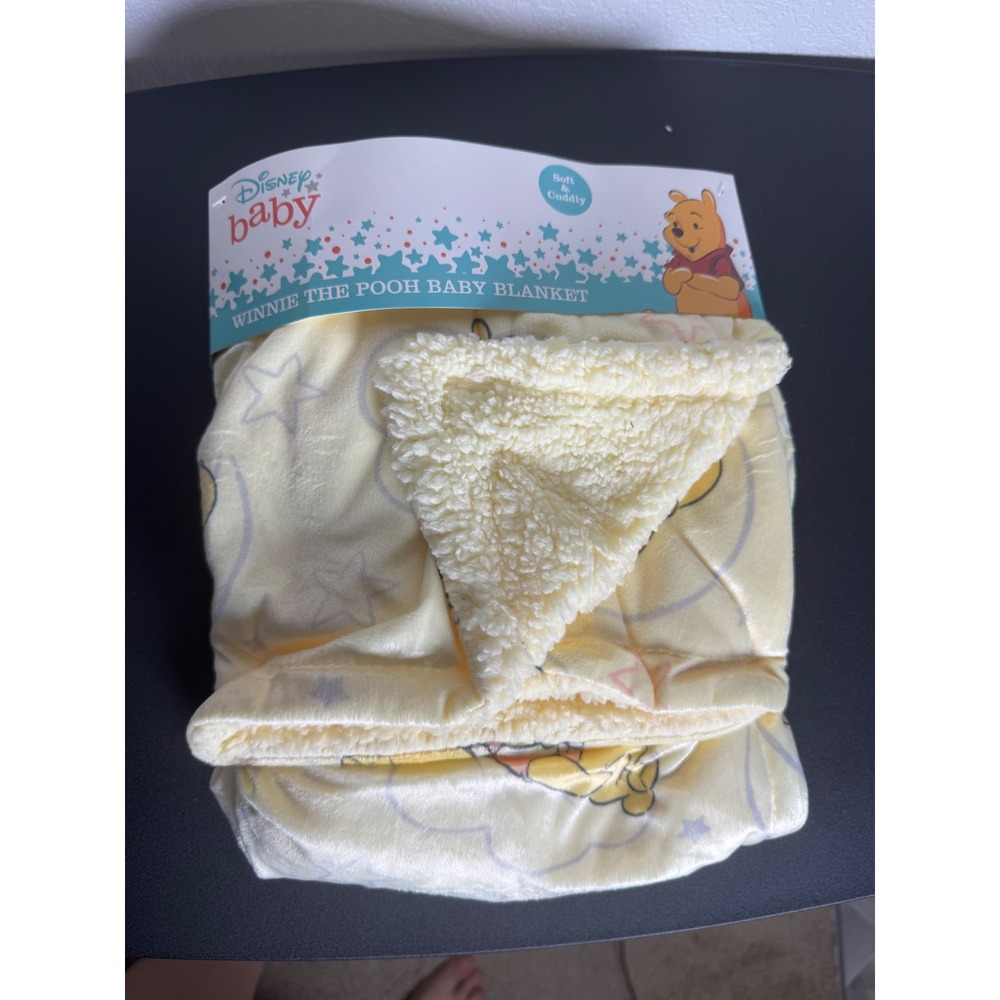 Disney Baby Winnie the Pooh Blanket Infant OS Yellow Sherpa Fleece Stars New